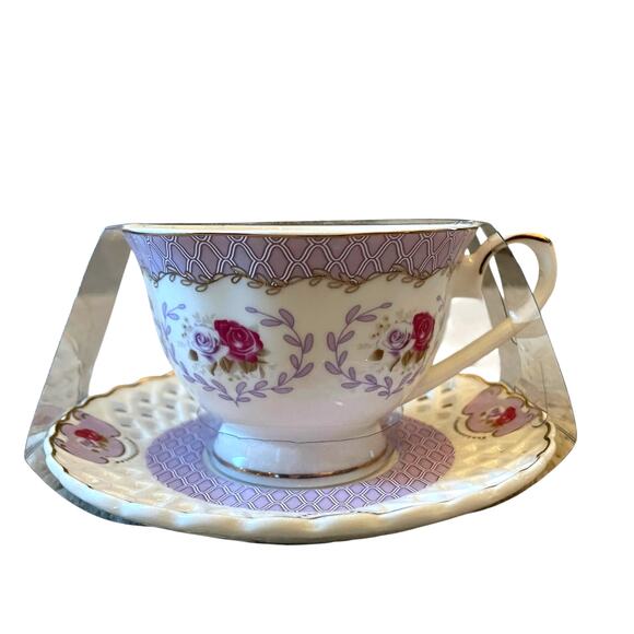 Grace Teaware Teacup & Saucer Floral Lavender Rose Lattice Gold Accents New - Picture 2 of 16